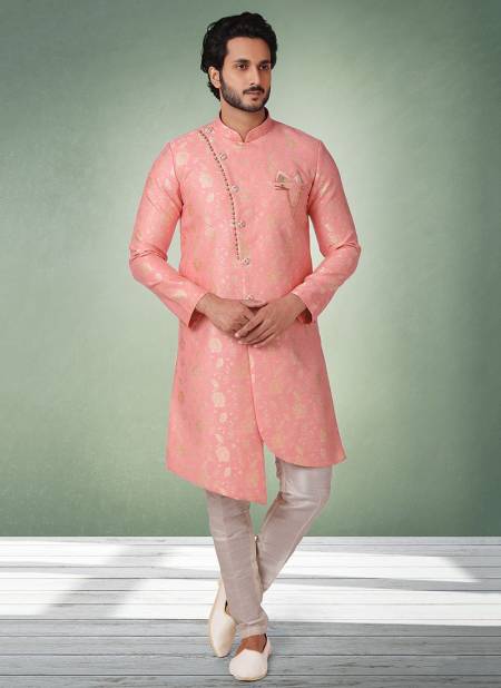 Pink Colour Heavy Wedding Wear Jacquard Banarasi Brocade Indo Western Mens Collection 1072